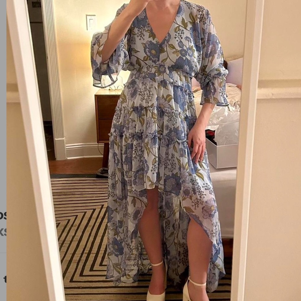 Asymmetrical floral ruffle chiffon dress in powder blue